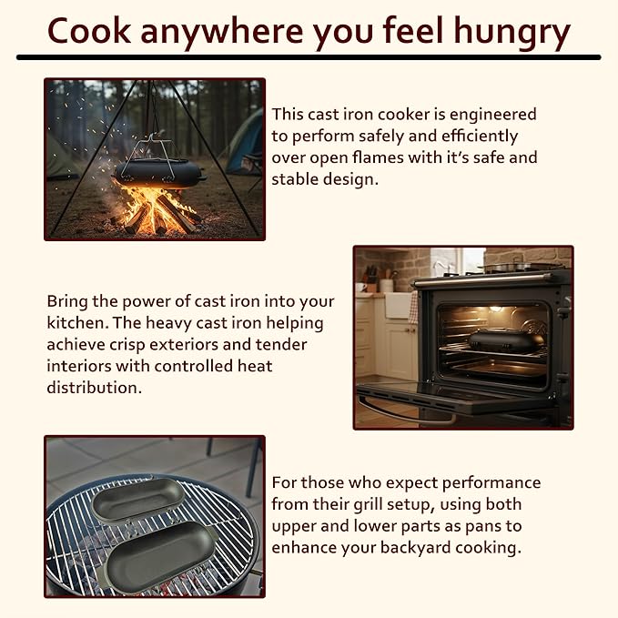 Cast Iron Potato Baker with Lid for Grill, Oven & Campfire | Pre-seasoned raw cast iron, Multi-use sourdough & bread pan, Lid acts as standalone pan, Hanging handles for campfire tripod