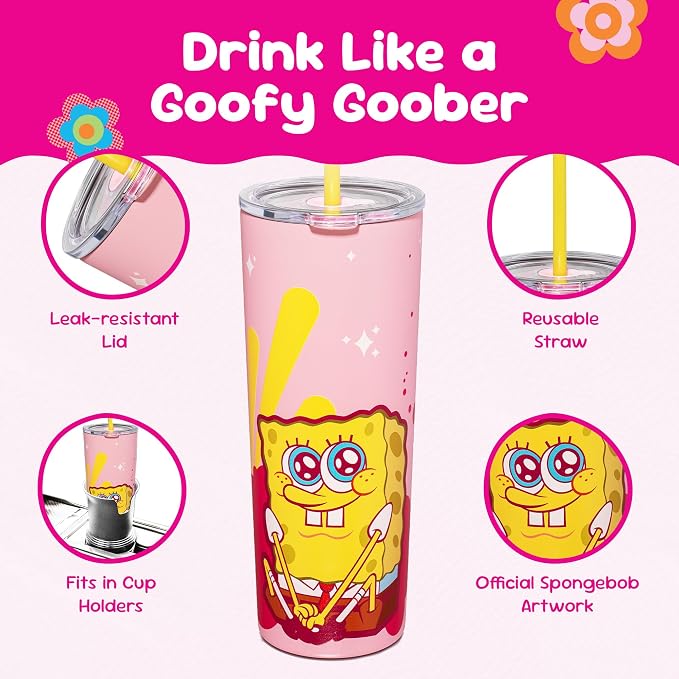 Dragon Glassware x SpongeBob SquarePants Tumbler with Straw, 24 oz - Pink | Vacuum Insulated Stainless Steel Tumbler with Straw & Lid; Double Walled Tumbler with Straw; SpongeBob SquarePants Cup