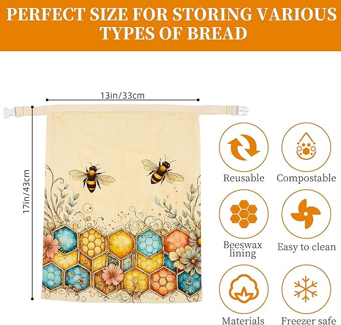 Beeswax Bread Bags for Homemade Sourdough, 2 Pack Reusable Natural Cotton Large Bees Wax Bag Food Storage Bags to Keep Fresh