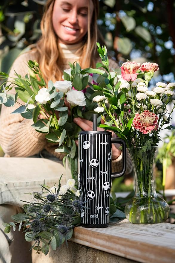 Zak Designs Disney Tim Burton's The Nightmare Before Christmas Sutton Travel Tumbler for On the Go, 30oz Stainless Steel with Vacuum Insulation and Silicone Straw for Cold Drinks (Jack Skellington)