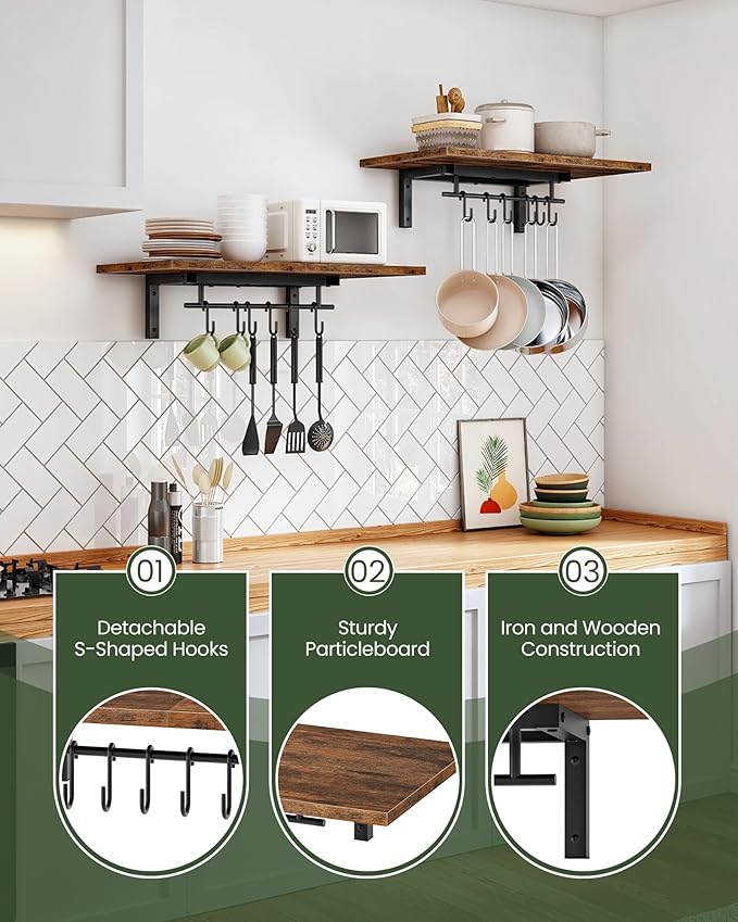 CHOEZON Wall-Mounted Pot Racks, Set of 2 Hanging Pot Rack, Floating Shelves, Wall Shelves, Vintage Pot Hangers for Kitchen, Wall Rack for Kitchen Storage, Rustic Brown and Black TPR26P2BF