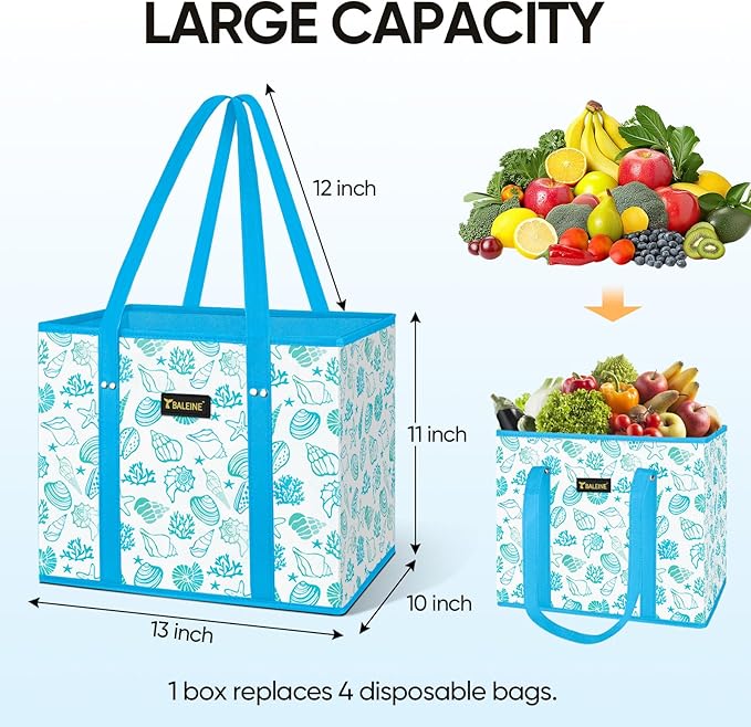 BALEINE 1Pk Reusable Grocery Bags, Foldable Shopping Bags for Groceries with Reinforced Bottom & Handles (Summer Beach-Blue)