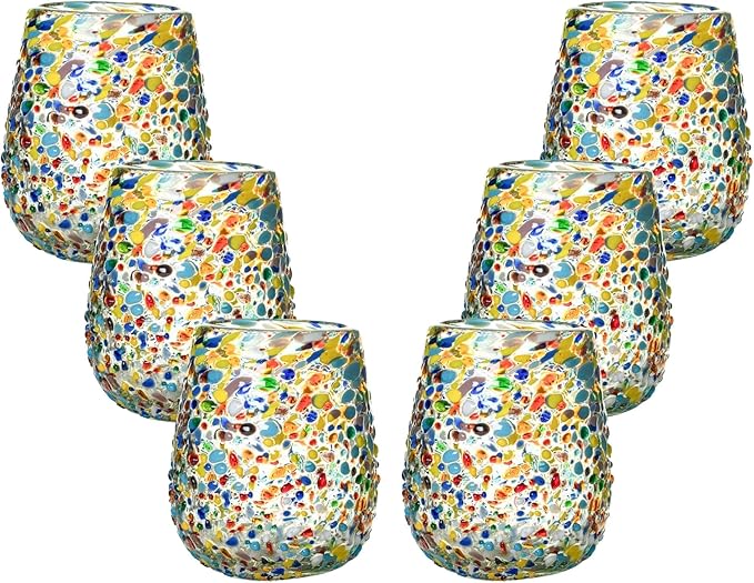 Confetti Dots Hand Blown Stemless Wine Glasses Set of 6 – Colorful Mexican Glassware – 16 oz Wine Glass – Hand Blown Mexican Drinking Glasses for Wine, Cocktails & Tequila