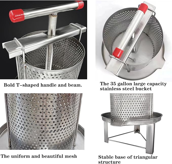 Honey Press Extractor Wax Machine Stainless Steel Honey Press Beeswax Machine Manual Large Bee Honey Presser Fruit Wine Press For Honey Wine Juice Vegetables Olive Oil Making