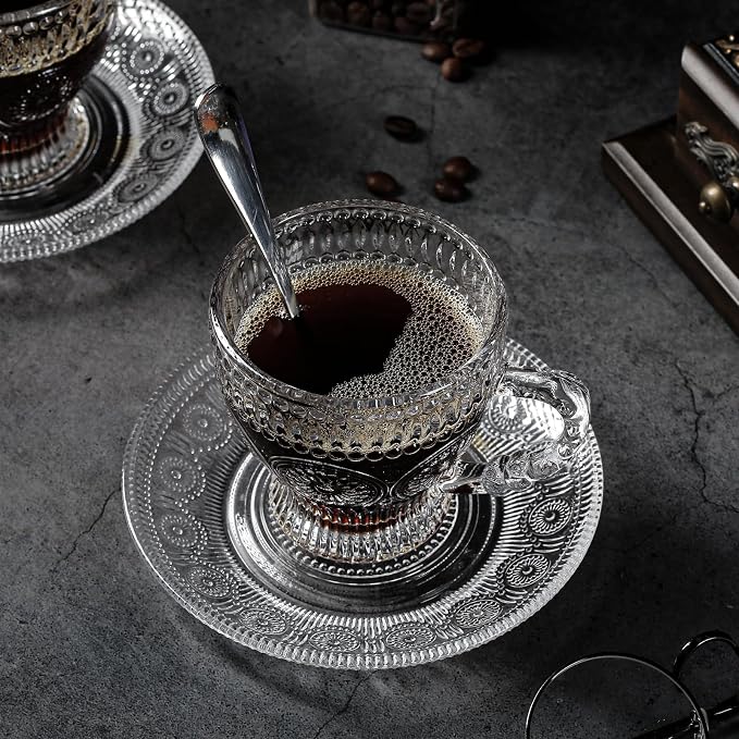 Glass Teacups and Saucers Set of 6, Vintage Coffee Mugs with Stainless Steel Spoon, Dishwasher & Microwave Safe Teacups for Espresso Cappuccino Latte Tea Juice, 7OZ/210ML, Clear