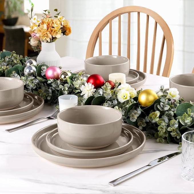 LIANYU Dinnerware Dishes Sets for 2, 6-Piece Stoneware Dinner Set, Ceramic Dining Bowls and Plates Crafted at 2400℉, Scratch Resistant, Microwave & Dishwasher Safe, Milky Brown