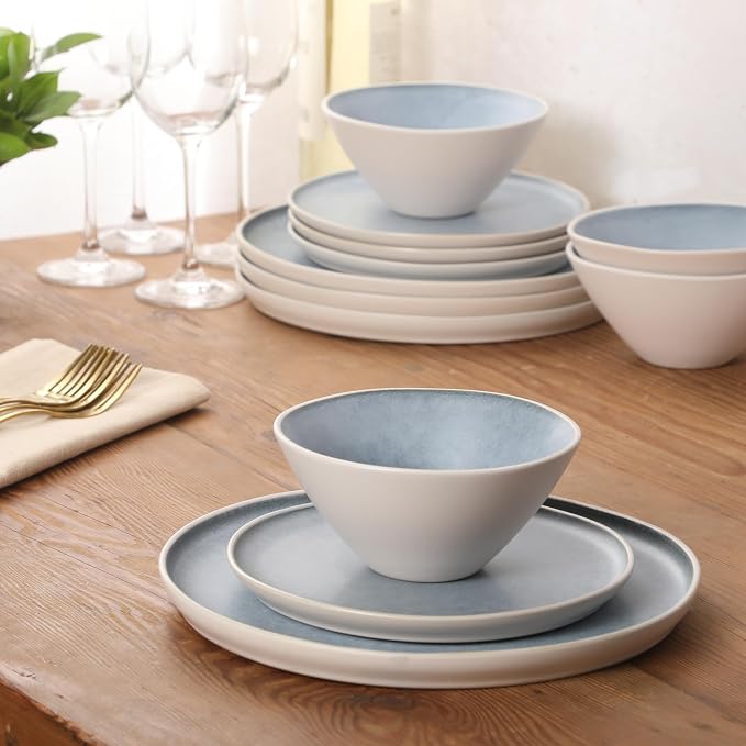 Gibson Elite Coastal Forest Plates and Bowls Sets, 12-Piece Stoneware Dinnerware Sets, Triple Reactive Glaze Dish Set - Blue and Cream White