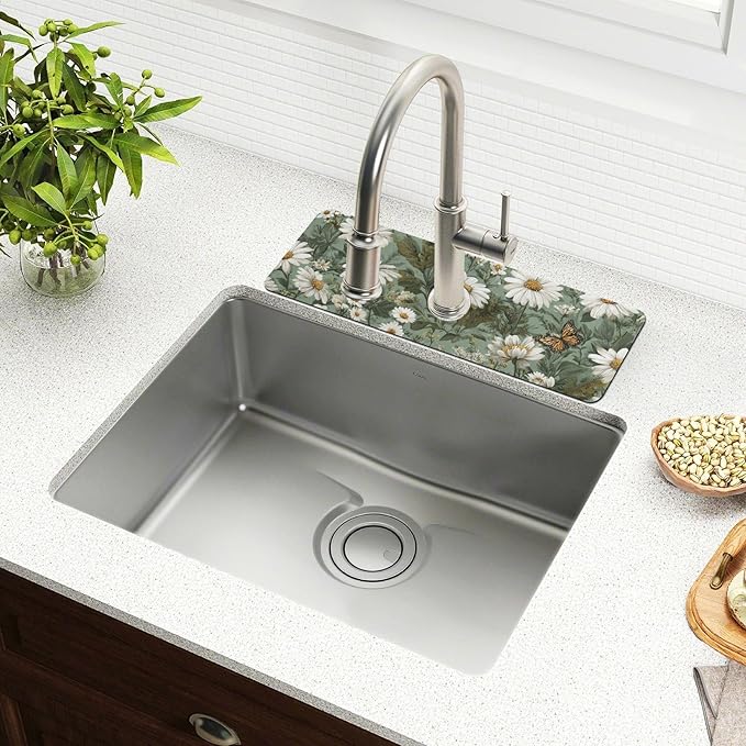 Kitchen Sink Splash Guard 1 PC 30 Inch Sink Faucet Mat Splash Guard for Bathroom Countertop Water Absorbent Foldable Cuttable Soft Washable Summer Daisy Butterfly Green