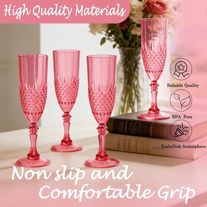 Plastic Champagne Flutes, Champagne Glasses Bulk, Reusable Unbreakable Acrylic Wine Glasses Goblets for Weddings Bachelor Parties Toasting Bridal Shower (24, Red)