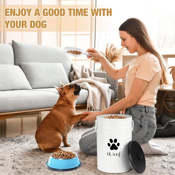 DoubleFill Extra Large 30+14 lb Metal Dog Food Storage Containers Set of 2 Airtight Dog Treat Snack Jars with Lids and Spoon Farm House Style Big Pet Cookie Storage Bin for Kitchen Counter Gift