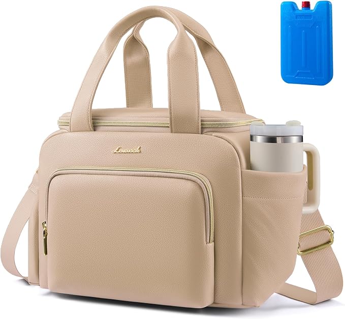 LOVEVOOK Insulated Lunch Bag for Women, PU leather Lunch Box with Shoulder Strap, Wide Opening Adult Large Lunch bags for Work Picnic Beach Family Camping Outdoor Teacher