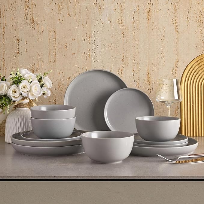 Sweese Dinnerware Sets Service for 4, 12 pcs Matte Speckled Glaze Plates and Bowls Sets, Handmade Ceramic Dish Set, Highly Chip and Crack Resistant Modern Plate Set, Grey
