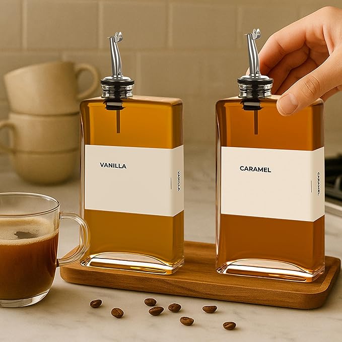 Spaceneat Olive Oil Dispenser Bottle - Includes 44 Kitchen Essential Labels - Cooking Oil Bottles for Kitchen, Coffee Syrup Dispenser - Pourer Spout with 11.8 fl oz Glass Container Cruet - 4pcs Silver