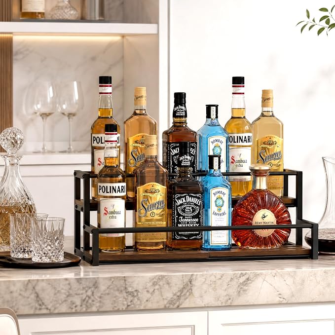 Expandable Coffee Syrup Organizer, Customized Width Syrup Rack & Bottle Holder for Coffee Bar Station (Wooden Base for All Bottle Sizes)
