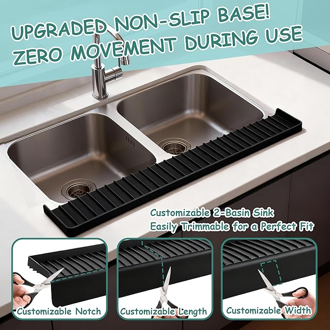 Silicone Sink Edge Protector Splash Guard,Sink Granite Edge Protector,20x4 Inch with Suction Cups & 5°Tilt, Cuttable for Kitchen Bathroom Countertops, Granite Quartz Surfaces (Black)