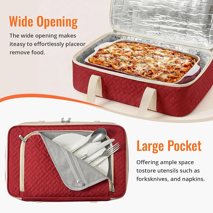 Insulated Casserole Carrier - Portable Casserole Carrier for Hot or Cold Food, Lasagna Holder for Parties,Picnic,Cookouts,Traveling - Fits 9" x 13" Baking Dish (Red)