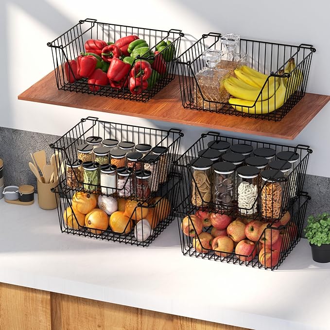 Stackable Wire Metal Baskets Sturdy Cabinet Organizer Wire Pantry Freezer Bin with Handle for Kitchen Pantry Fruit Vegetable Organization, Black, 4Packs