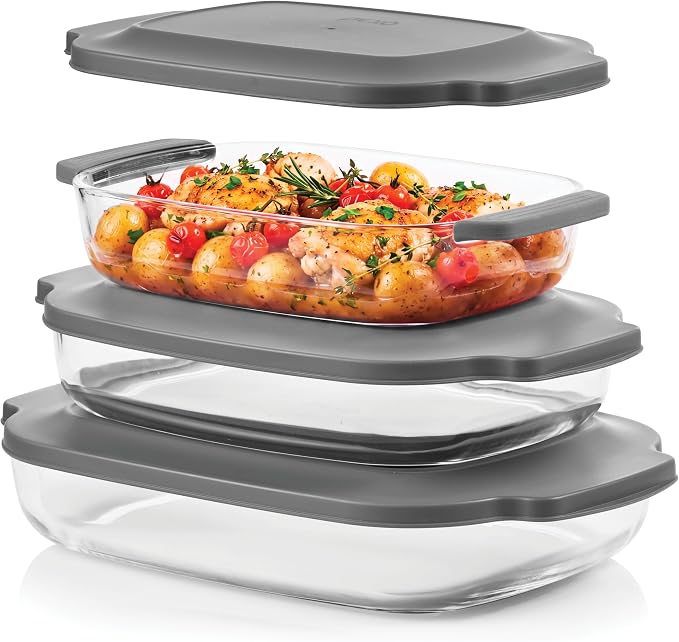 PEXO 6-Piece Glass Baking Dishes with Lids, Clear Glass Bakeware with Silicone Handles, (2.11QT, 3QT, 4.12QT) Casserole Dishes, Oven Dishwasher and Freezer safe, Rectangular Stackable Nesting Baking Dish set (Gray)