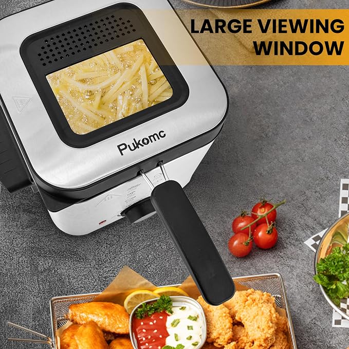 Pukomc Deep Fryer 3 Liter Capacity,1500W Oil Fryer with Adjustable Temperature,Viewing Window,Detachable Frying Basket,Made of Stainless Steel Material and Easy to Clean