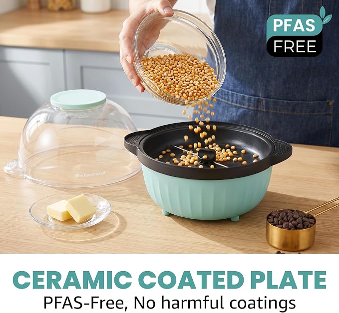Elite Gourmet 4.5Qt. Stirring Popcorn Maker with Ceramic Coated Plate, Stirring Rod, Clear Cover Doubles as Serving Bowl, Butter Melting Tray, Up to 18 Cups, Makes Fresh Buttery Popcorn, Mint