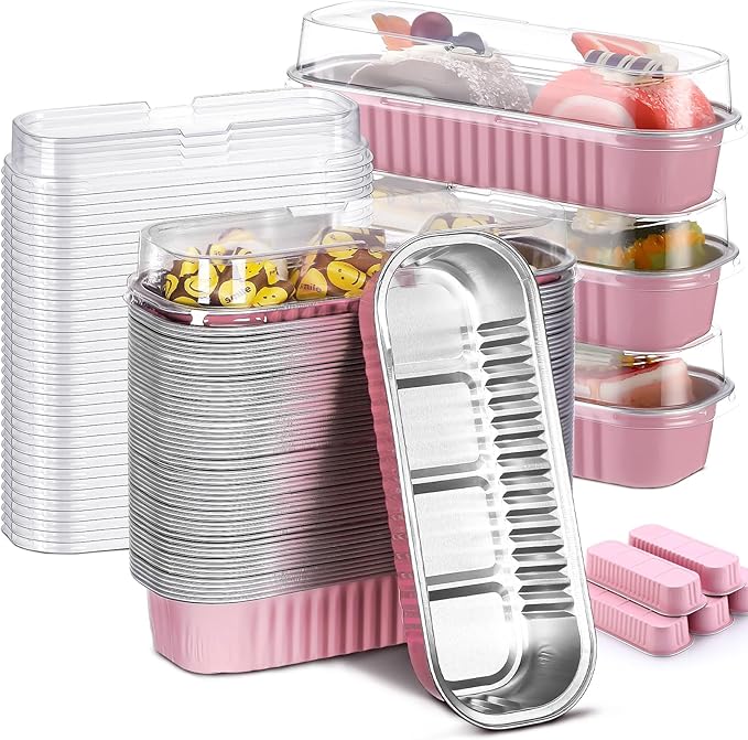 Qunclay 200 Pcs Aluminum Foil Mini Loaf Pans with Lids 6.8 oz Disposable Mini Cake Pan with Lid Rectangle Baking Cups for Party Muffin Cheesecake Ramekins(Pink)