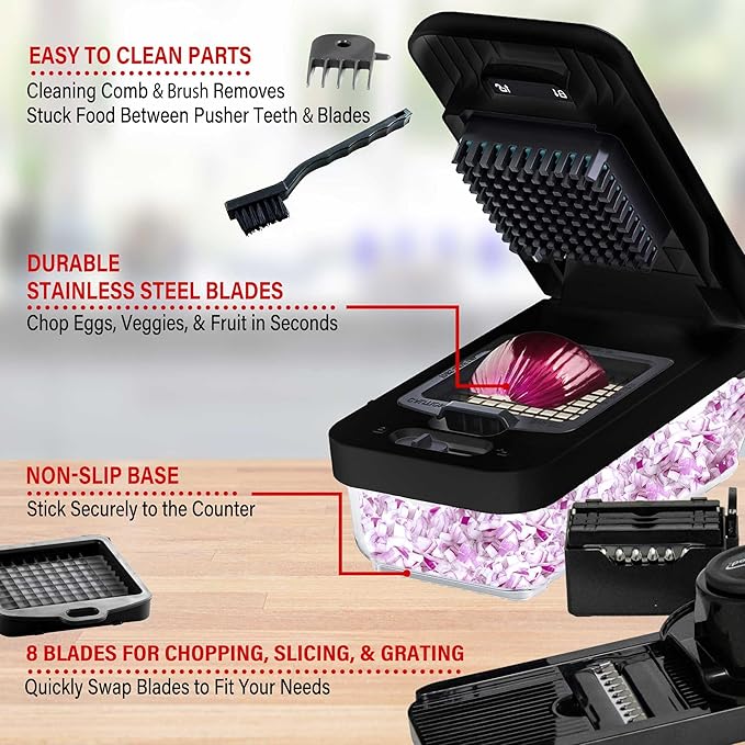 Brentwood All-in-One Food & Vegetable Chopper, Mandoline Slicer, and Cheese Grater with 4.25-Cup Storage Container and 8 Interchangeable Stainless Steel Blades (Black)