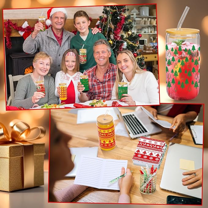 Skylety 12 Set Christmas Gifts Bulk 16 oz Red and Green Glass Cups with Lids Straws Xmas Notebook Sticky Note Pens for Employee Appreciation Women Students School Office Holiday Party Favors