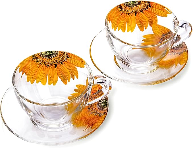 STP GOODS Sunflowers Glass Tea Cup and Saucer Set of 2 Glass Teacups 6.8 fl oz (200 ml) Cups with Matching Saucers for Two, Tea Coffee Set for 2, Coffee Cups, Dishwasher and Microwave safe