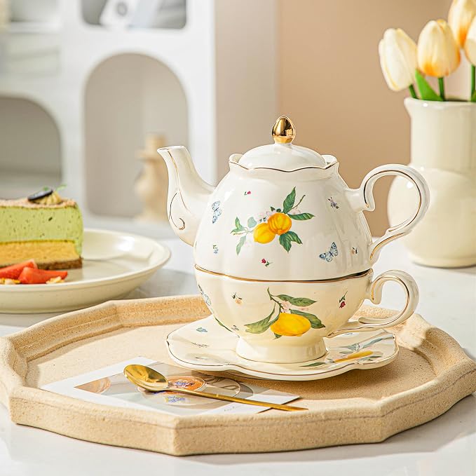Domini Teapot cup combo,Teapot and Teacup for One,Tea Cup and Saucer Set-Tea Pot Set Gift for Women(Lemon)