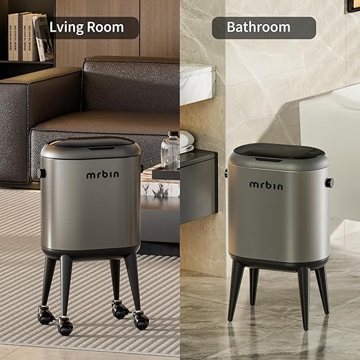 Stainless Steel Slim Bathroom Motion Sensor Trash Can with Lid and Wheels, 13L / 3.4gal Electric Touchless Toilet Waste Basket with Legs for Narrow Vanity, Rvs, Dorm, Kitchen, Eclipse Grey