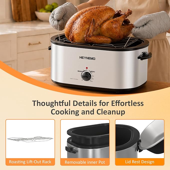 30 Quart Large Turkey Roaster with Defrost & Warm Functions, Electric Roaster Oven with Visible Self-Basting Lid, Adjustable Temperature Control, Removable Pan & Rack, Stainless Steel, Silver