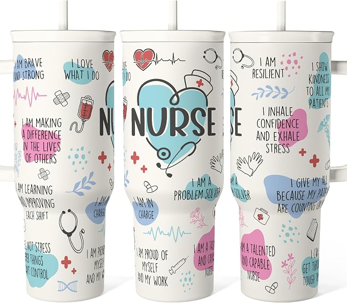 Nurse Tumbler with Handle 40oz, Coffee Travel Mug with Straw, Inspiration Gifts for Women Female Nurses, Nursing Gift for Birthday Christmas Nurse Week