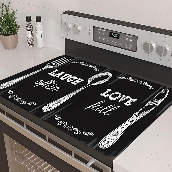 Decorative Stove Top Covers for Electric Stove 28"x20" – Heat Resistant Glass Cooktop Protector Dish Drying Mat – Non-Slip Rubber Backing Washer Top Cover Waterproof Extra Counter Space (Kitchen 2)
