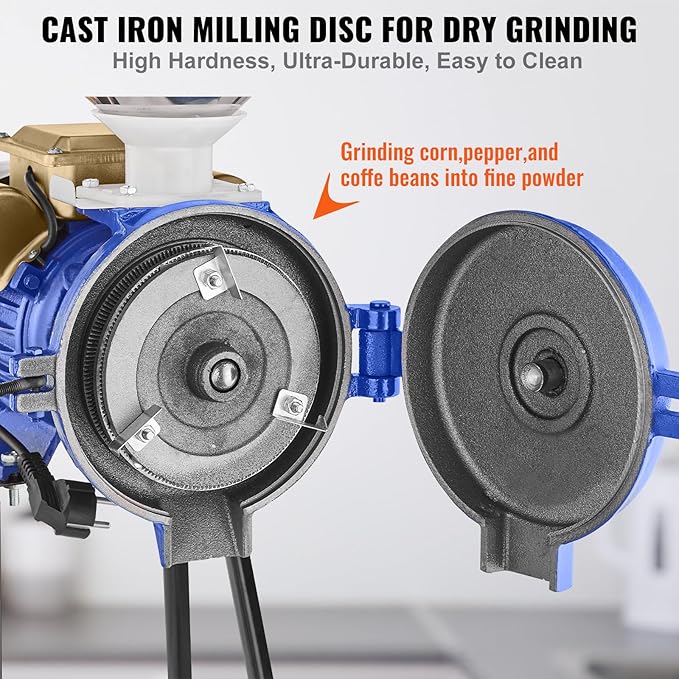 VEVOR Electric Grain Mill Grinder, 3000W Spice Grinders, Commercial Corn Mill with Funnel, Thickness Adjustable Powder Machine, Heavy Duty Feed Flour Cereal Mill Wheat Grinders, Dry Grinder