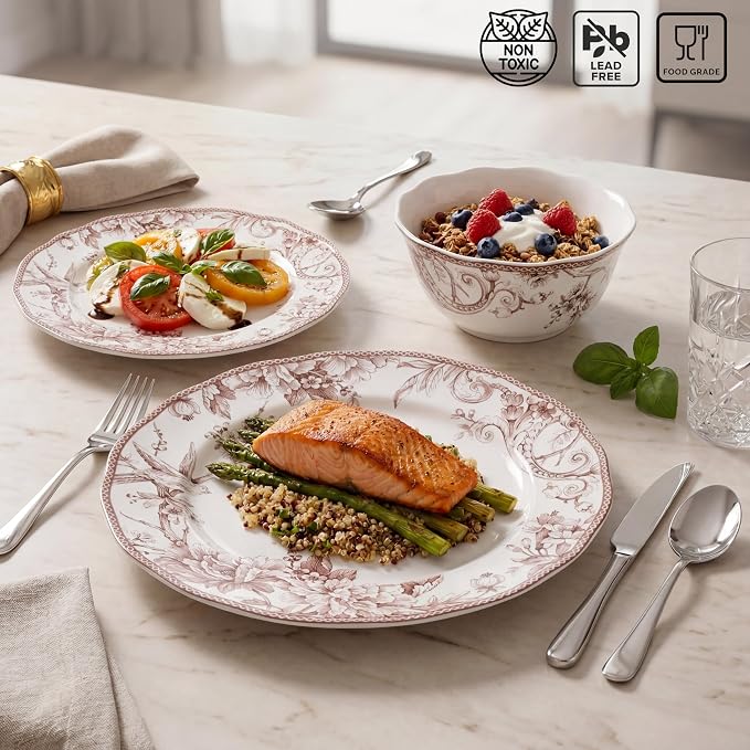 222 Fifth Adelaide Brown on White 12-Piece Dinnerware Set – Service for 4, Big Dinner Plates and Bowls Sets,Durable Porcelain, Microwave and Dishwasher Safe, for Everyday Dining & Entertainment
