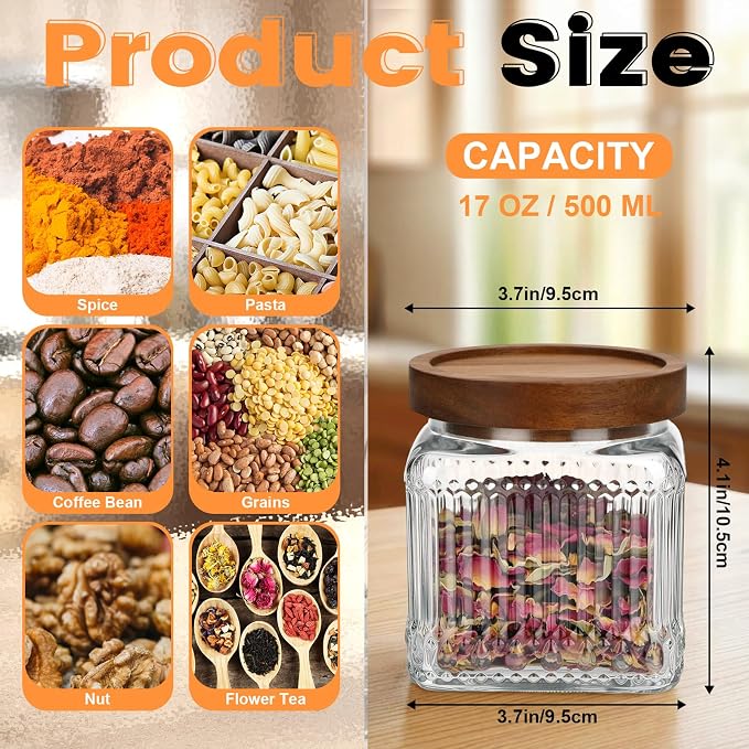 6 Pcs Vintage Glass Storage Jar with Lid 17 oz Glass Containers Stylish Ribbed Pattern Airtight Kitchen Jars Candy Jar for Food Cookies Candy Coffee Tea Beans Grains Storage