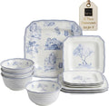 222 Fifth 12-Piece Porcelain Dinnerware Set for 4, Glossy White Plates and Bowls Set with Blue Decal, Elegant Square Ceramic Dish Set, Kitchen Tableware, Microwave & Dishwasher Safe, Scenic Toile