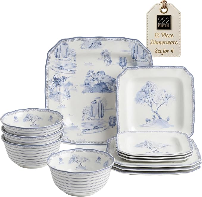 222 Fifth 12-Piece Porcelain Dinnerware Set for 4, Glossy White Plates and Bowls Set with Blue Decal, Elegant Square Ceramic Dish Set, Kitchen Tableware, Microwave & Dishwasher Safe, Scenic Toile
