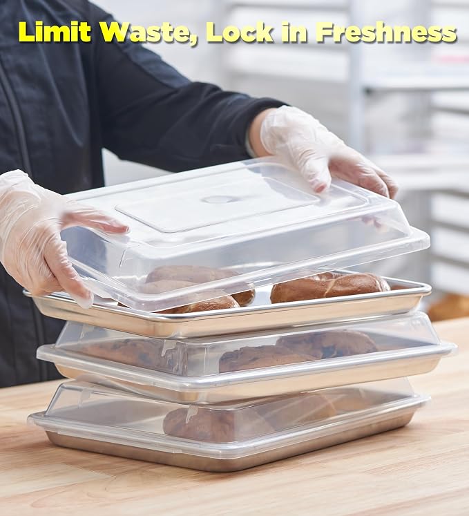 6-Pack 1/4 Size Sheet Pan with Cover Set (12 Piece Bundle), Dishwasher Safe Baking Pans & NSF Certified Polypropylene Lids, Compact Quarter Bun Pan for Meal Prep, Baking & Storage - Silver/Translucent