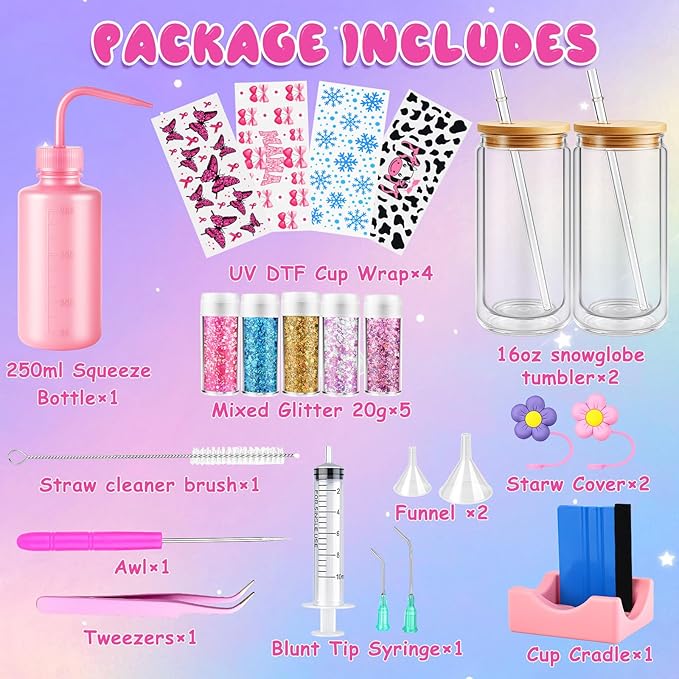 kiddgroo Snow Globe Tumbler Supplies, 25 Pcs DIY Snowglobe Cup Set– Includes 16oz Double-Wall Acrylic Tumbler, Cup Cradle, UV DTF Wraps, Craft Glitter & DIY Tools,Mothers Day Gifts