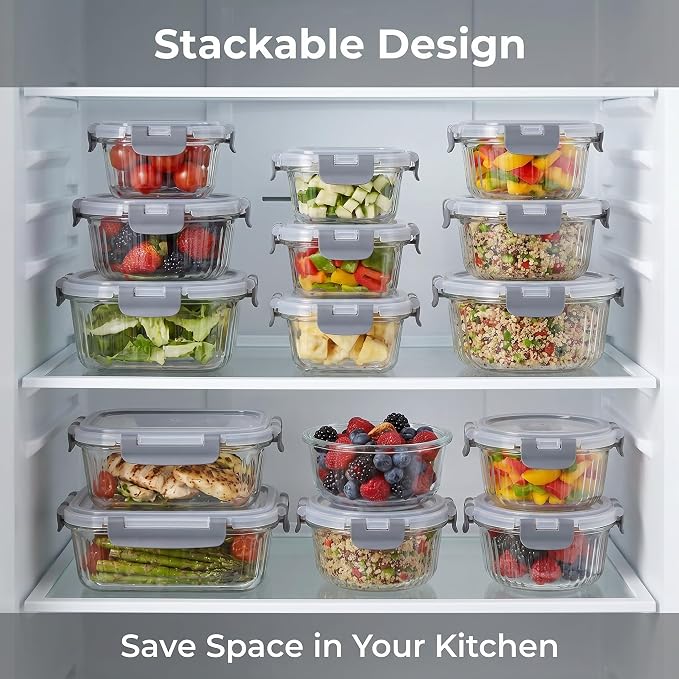 Glass Food Storage Containers with Lids, 12 Piece Glass Meal Prep Containers Set, Airtight Leakproof Snap Lock Lids, BPA-Free, Freezer Microwave Oven Dishwasher Safe, Ribbed Glass Containers