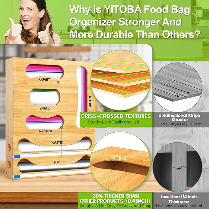 Thicker Bag Storage Organizer, Bamboo Baggie Holder With Aluminum Foil Dispenser, Foil and Plastic Wrap Holder With Cutter, 6 in 1 Sandwich Bag Storage for Drawer Kitchen