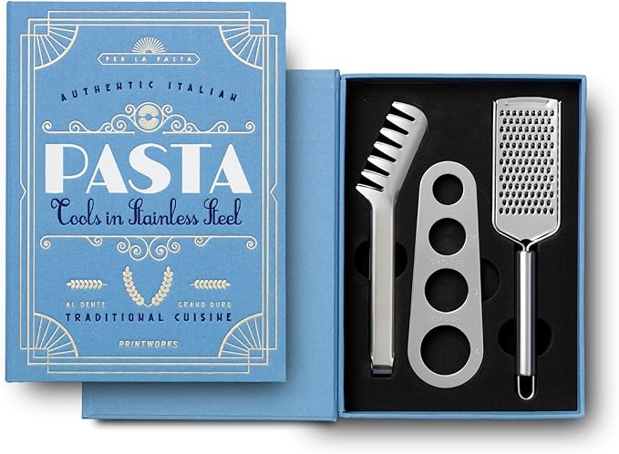 Printworks The Essentials, Pasta Tools – Pasta Kit with Spaghetti Tong, Spaghetti Measurer & Grater in Bright Blue Book-Style Case