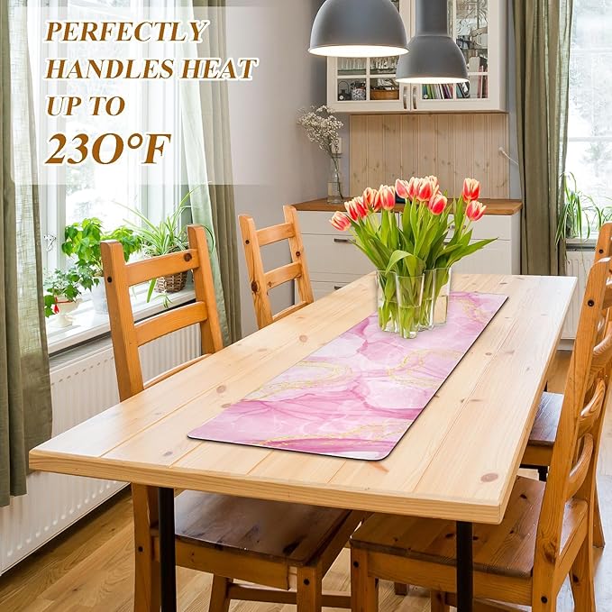 2-in-1 Table Runner Trivet for Hot Dishes Heat Resistant Hot Plate Mat Pad 39x12 Inch Waterproof Table Protector Trivets for Countertop Non Slip Decorative Marble Pink and Luxury Gold