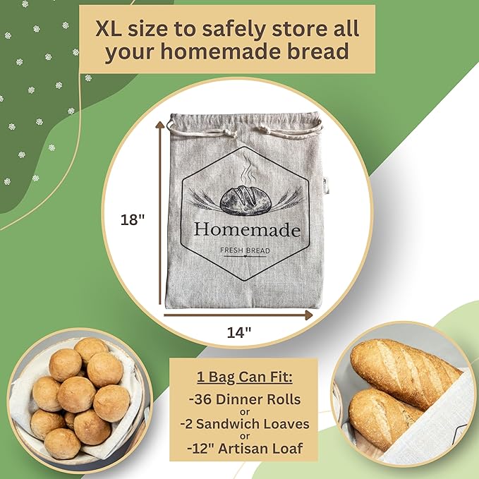2 Pack XL Bread Bags for Homemade Bread, 18 x 14 in Organic Linen Sourdough Bags – Reusable Bread Storage Bags, Keeps Bread Fresh Longer – by Homemakers Harmony