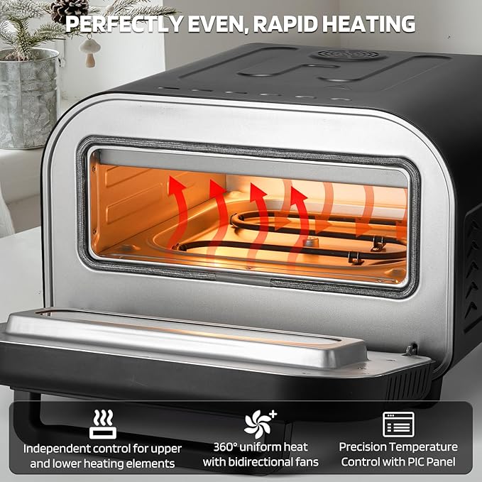 Lagute Electric Pizza Oven - 12-Inch Countertop Indoor Pizza Maker with 6 Presets, 850°F High Heat, Dual Heating Components, Pizza Stone & Peel Included