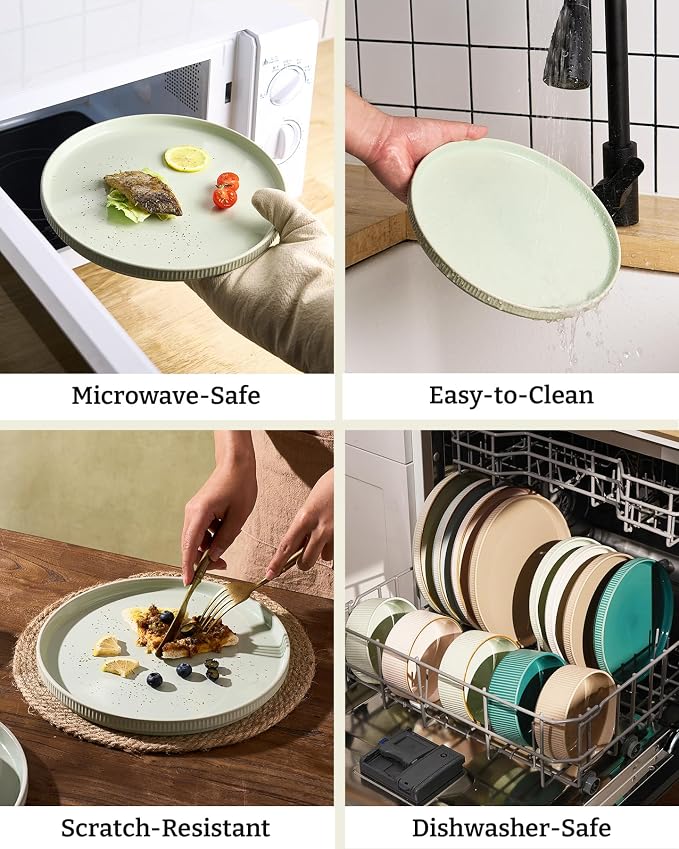 Famiware Star 24-Piece Stoneware Dinnerware Set for 6 – Shallow Pasta Bowls & Flat Plates – Modern Rustic Dishes, Everyday & Formal Use – Chip & Scratch Resistant, Microwave & Dishwasher Safe, Green