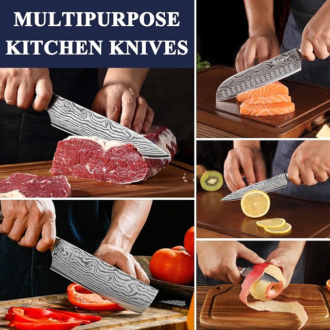 Sunnecko Kitchen Knife Set 7 Piece Chef Knife Set Professional High Carbon Stainless Steel, Sharp Kitchen Knives with Wooden Handle