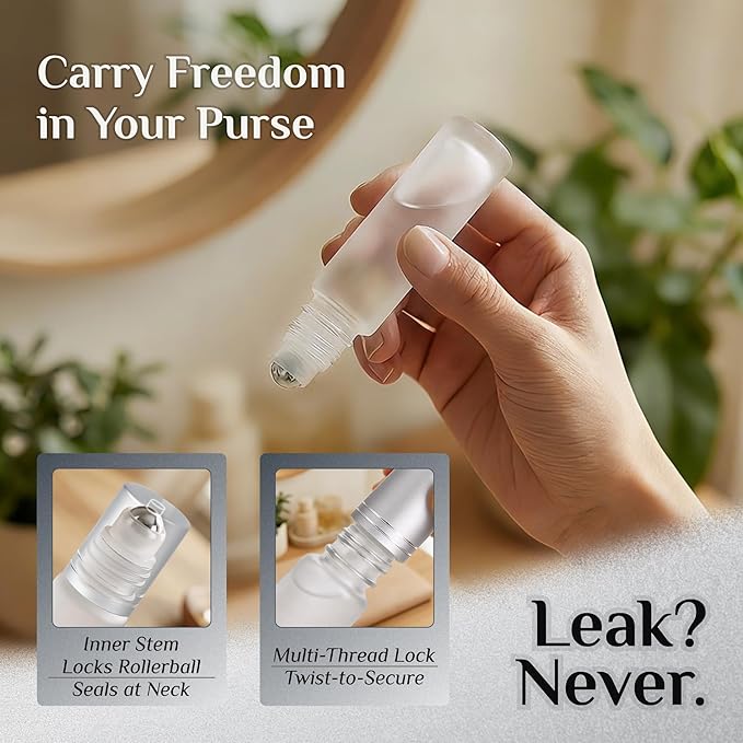 PrettyCare 24 Pack, 10 ml Essential Oil Roller Bottles with Stainless Steel Roller Ball - Refillable Leak-proof Empty Thick Frosted Glass Roll on Bottles with Silver Caps for Travel, Perfume