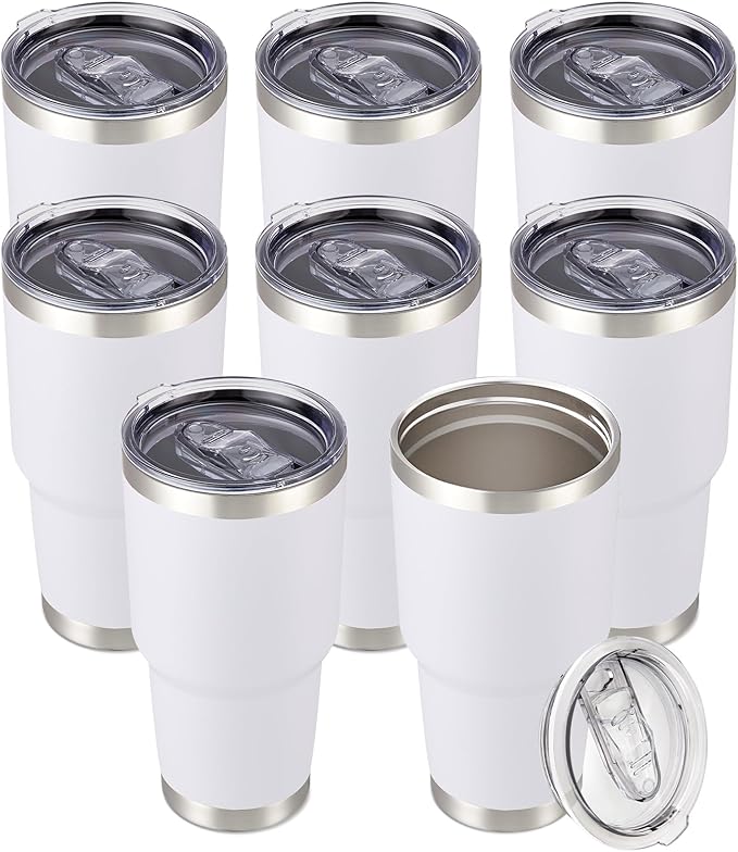 30 oz Tumbler with Lid Stainless Steel Tumblers Bulk Vacuum Insulated Cup Reusable Powder Coated Travel Mug Double Wall Leak Proof Cups Keep Cold Drinks for 12 Hours White, Set of 8